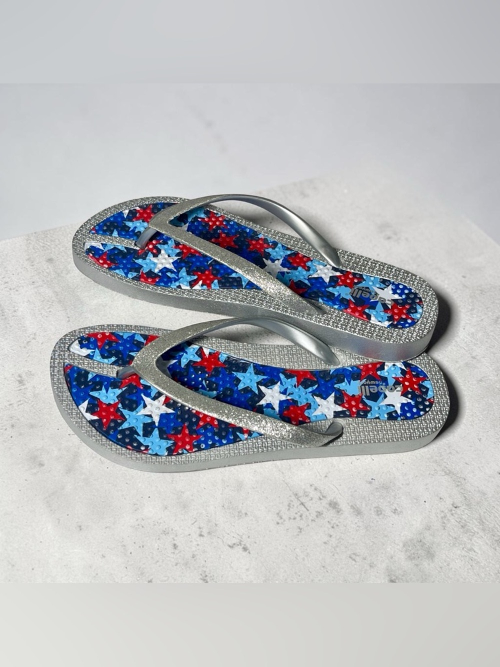 Capelli NY Metallic Silver/Red White Blue American Stars Thong Sandals Size 7